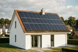 Maison individuelle équipée d'un kit solaire autoconsommation de 5000W avec panneaux photovoltaïques sur le toit