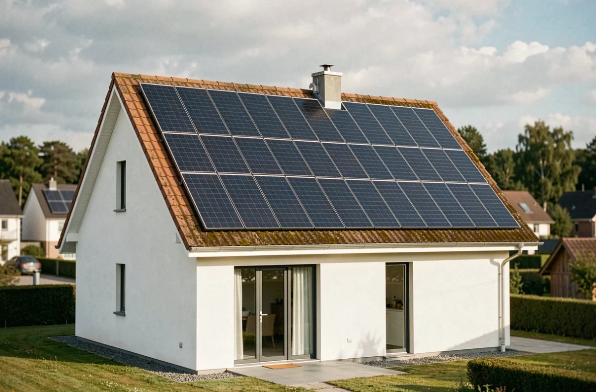 Maison individuelle équipée d'un kit solaire autoconsommation de 5000W avec panneaux photovoltaïques sur le toit