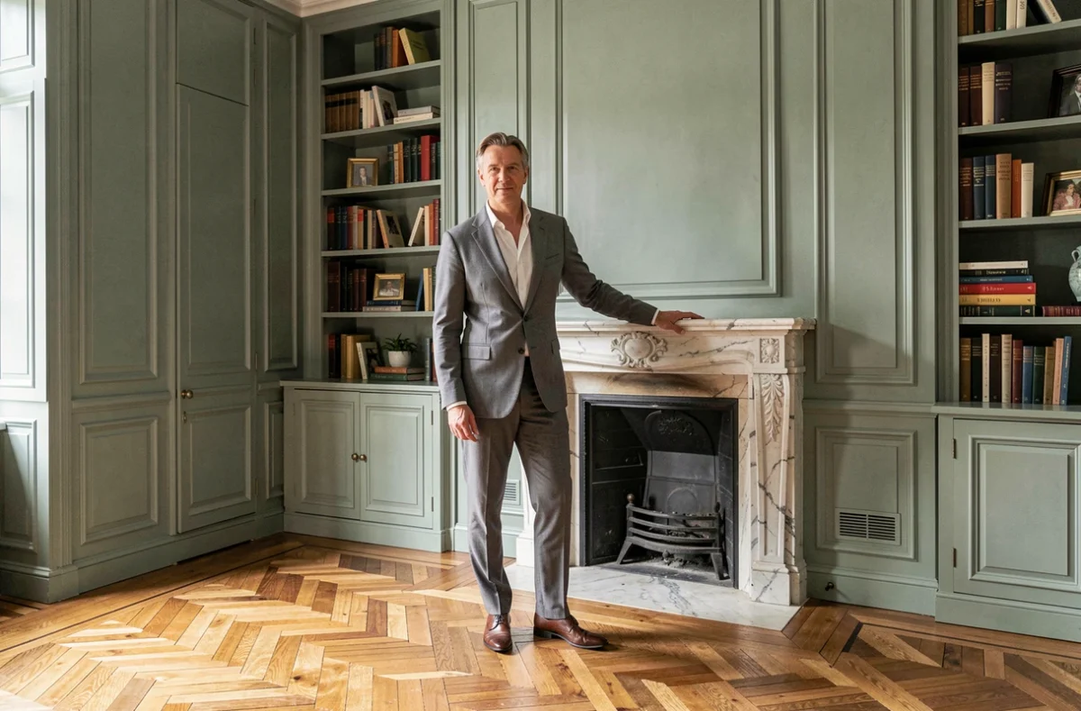 Décorateur Lacharme Olivier Bernard dans un salon classique rénové avec parquet de Versailles, boiseries peintes en gris-vert et cheminée en marbre ancien