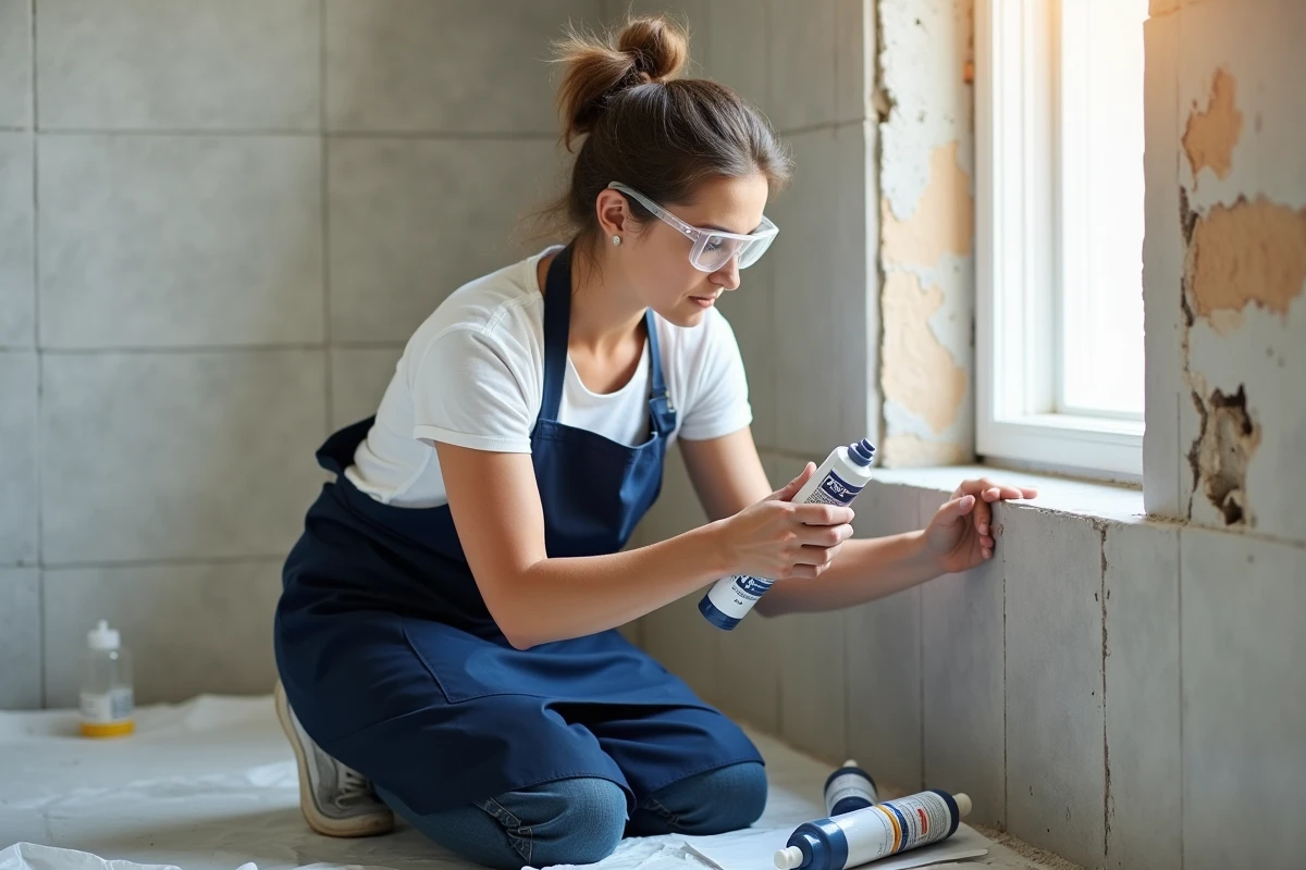 Femme lisant les instructions d'un tube de ciment chimique avant application dans une salle de bain en rénovation
