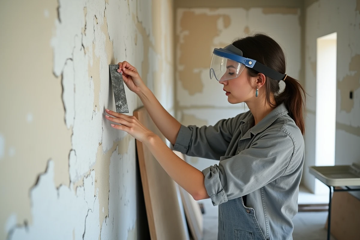 Femme lissant un enduit de rebouchage map sur un mur fissuré dans un couloir en cours de rénovation