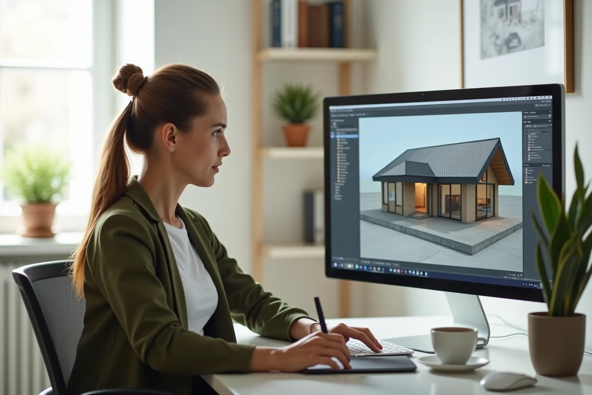 Femme travaillant sur un logiciel de modélisation 3D pour préparer un dossier de permis de construire à domicile