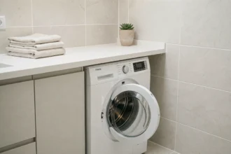 Machine à laver blanche encastrée sous un plan de travail stratifié blanc dans une buanderie scandinave moderne