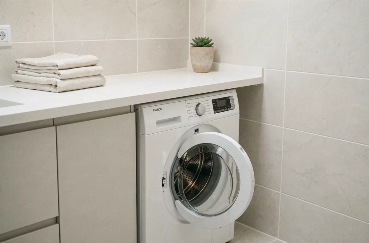 Machine à laver blanche encastrée sous un plan de travail stratifié blanc dans une buanderie scandinave moderne