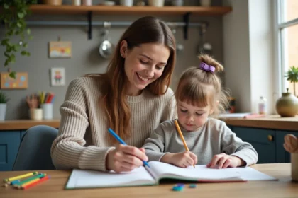 Maman aidant sa fille à faire ses devoirs dans la cuisine