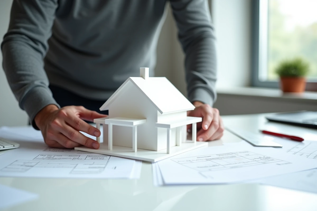 Maquette 3D imprimée d'une maison individuelle posée sur des documents de demande de permis de construire