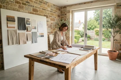 Studio de décoration d'intérieur dans les Yvelines avec planches d'ambiance, échantillons de tissus et une décoratrice professionnelle au travail