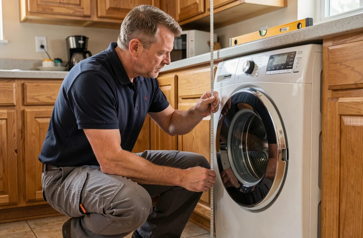 Installateur mesurant la hauteur d'une machine à laver sous un plan de travail en cuisine avec un mètre ruban