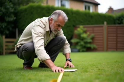 Homme mesurant la superficie de son jardin avec un mètre ruban jaune sur pelouse verte