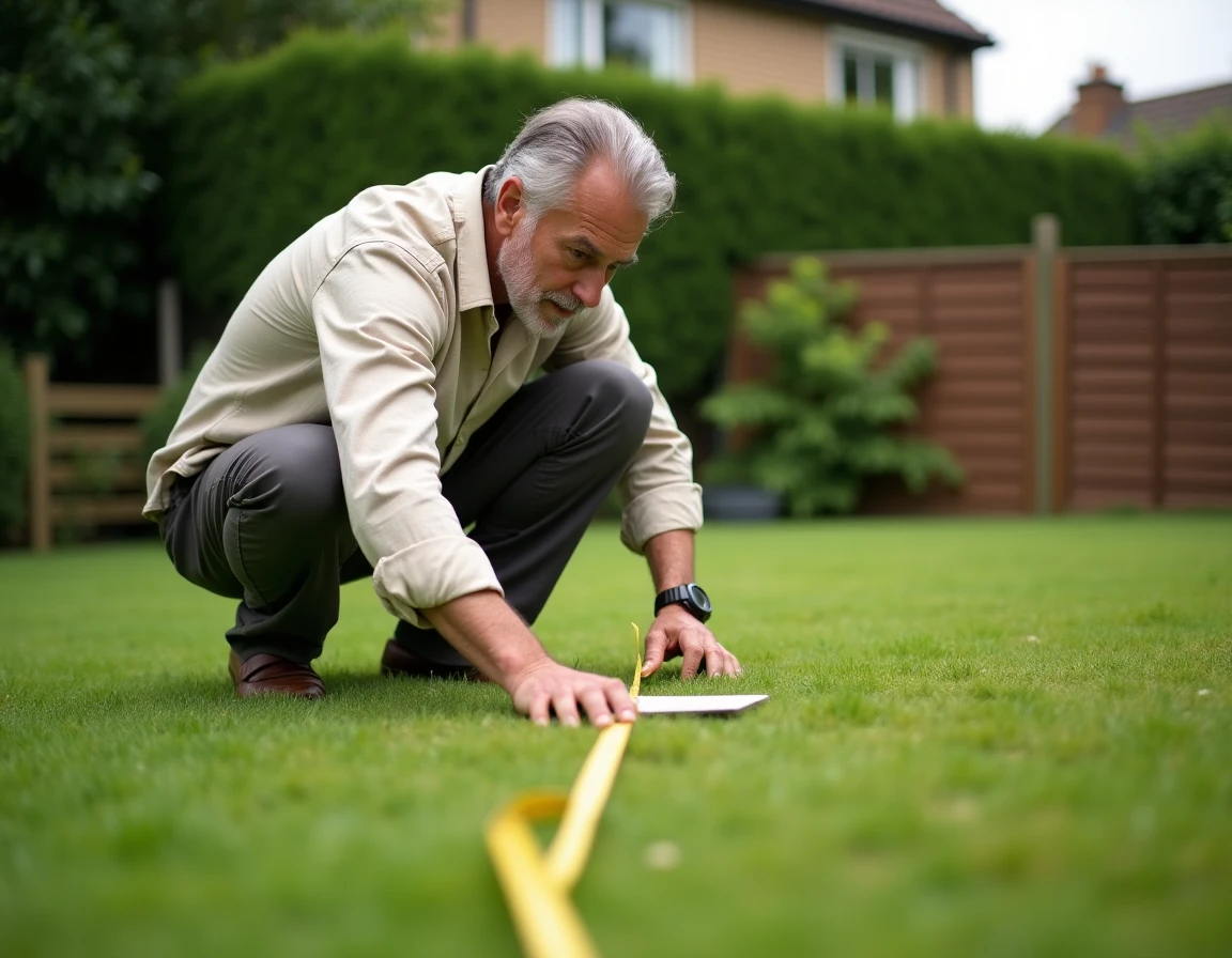 Homme mesurant la superficie de son jardin avec un mètre ruban jaune sur pelouse verte