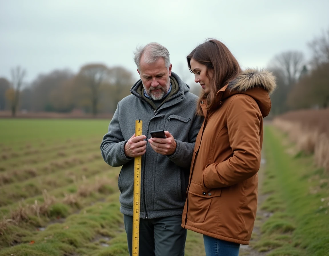 Couple mesurant un grand terrain extérieur avec une roue de mesure et une application mobile
