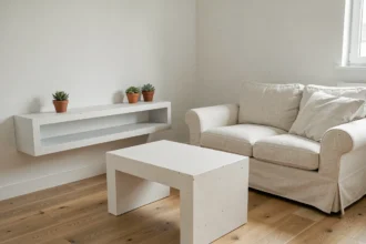 Petit salon avec table basse et étagère en béton cellulaire dans un intérieur scandinave compact