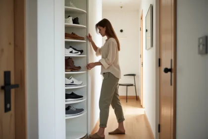 Meuble à chaussure Nano dans une entrée étroite d'appartement moderne avec une femme rangeant ses chaussures