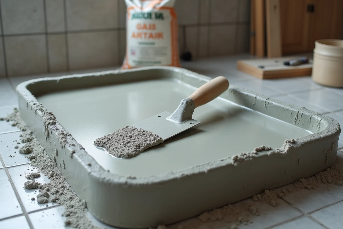 Bac de mortier fraîchement dosé et mélangé avec une truelle sur un chantier de rénovation maçonnerie