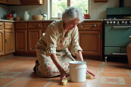 Grand-mère nettoyant un sol en lino avec une brosse et de l'eau savonneuse dans une cuisine ancienne
