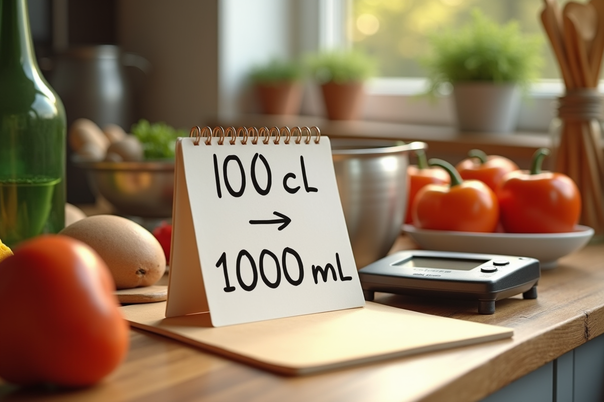 Note manuscrite de conversion 100 cl en ml sur une table