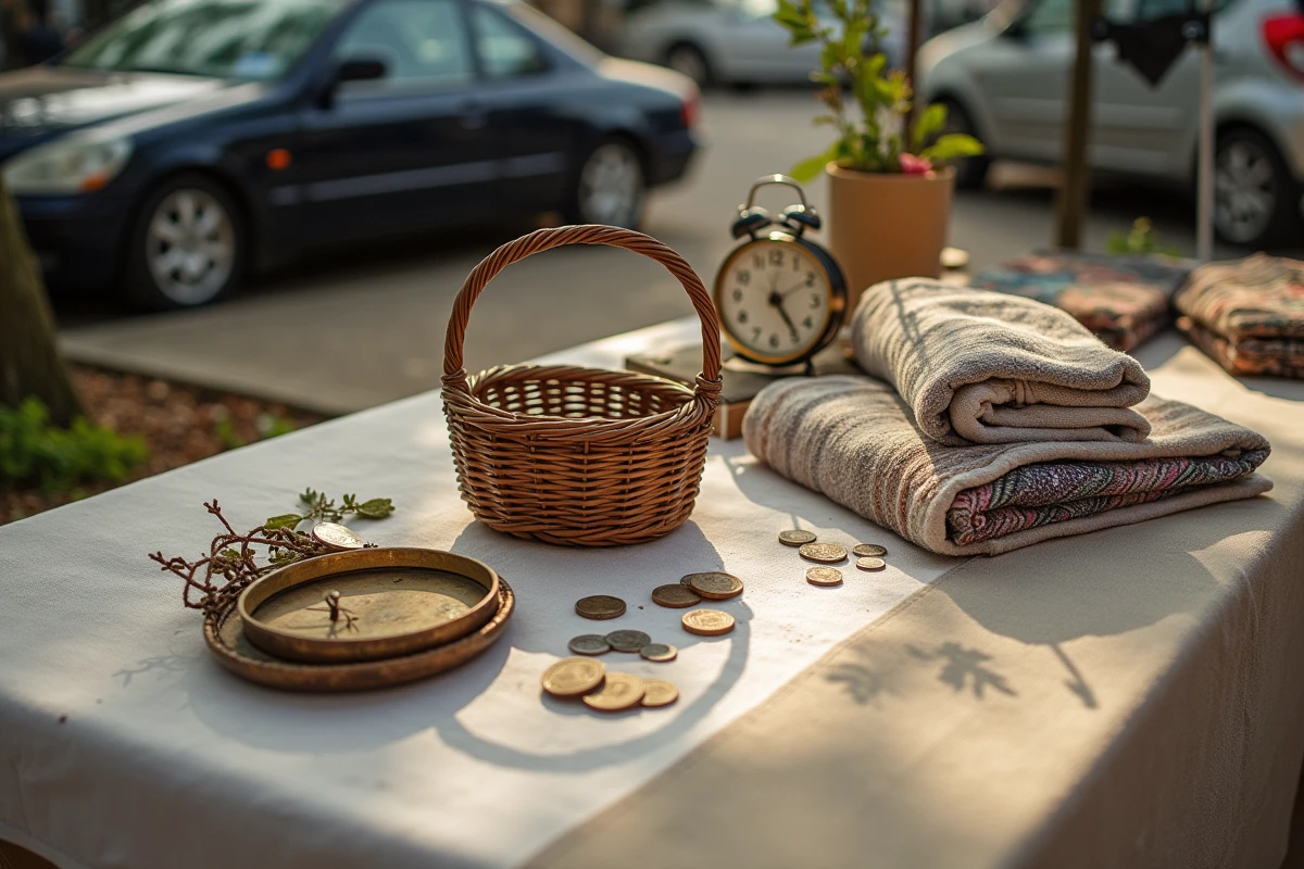Vue de dessus d'objets de seconde main disposés sur une table de vide grenier : boussole vintage, foulards, réveil rétro et pièces de monnaie