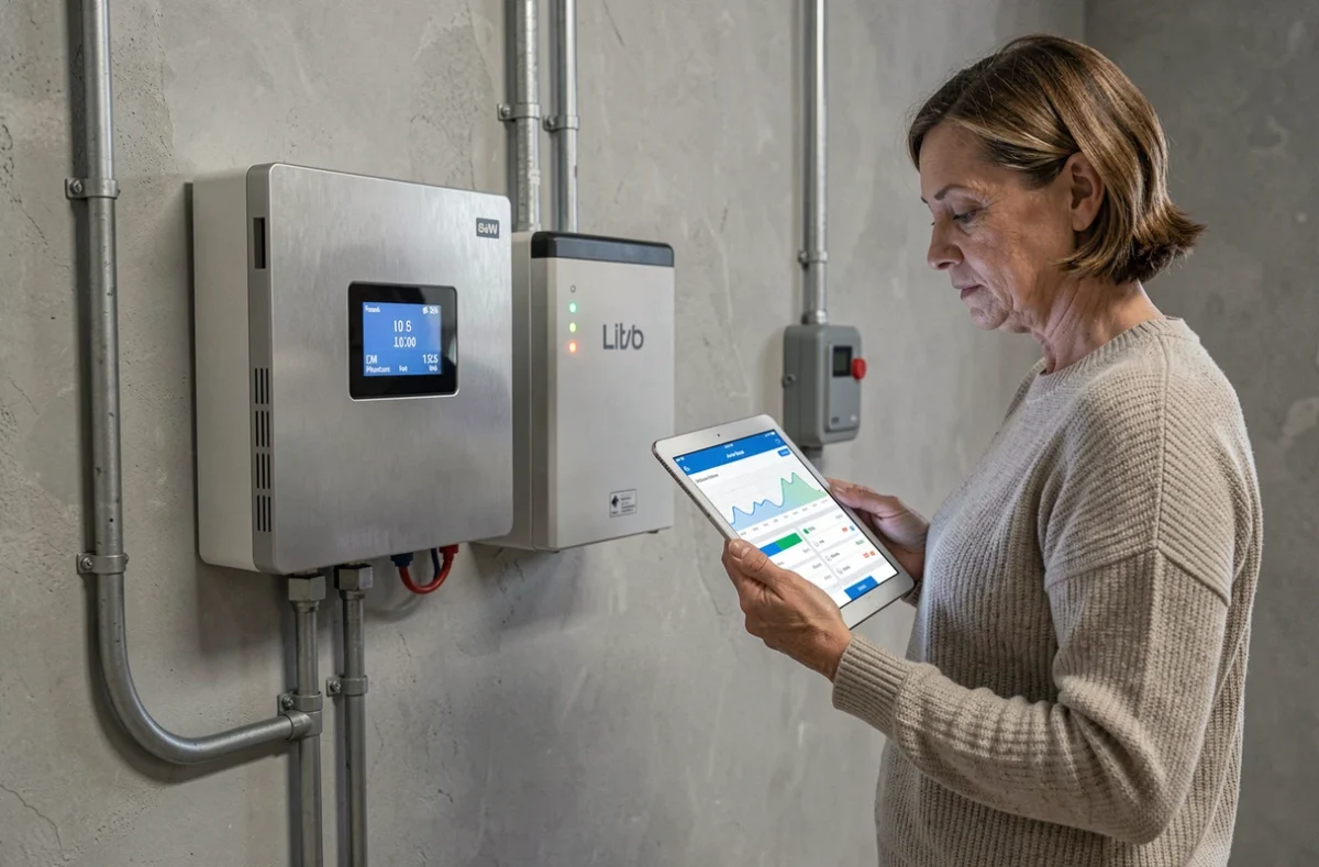 Onduleur et batterie d'un kit solaire autoconsommation 5000W installés dans un local technique résidentiel