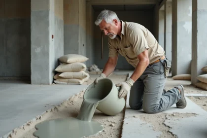 Ouvrier du bâtiment versant un mélange de chape mortier allégé sur un plancher béton brut en chantier intérieur