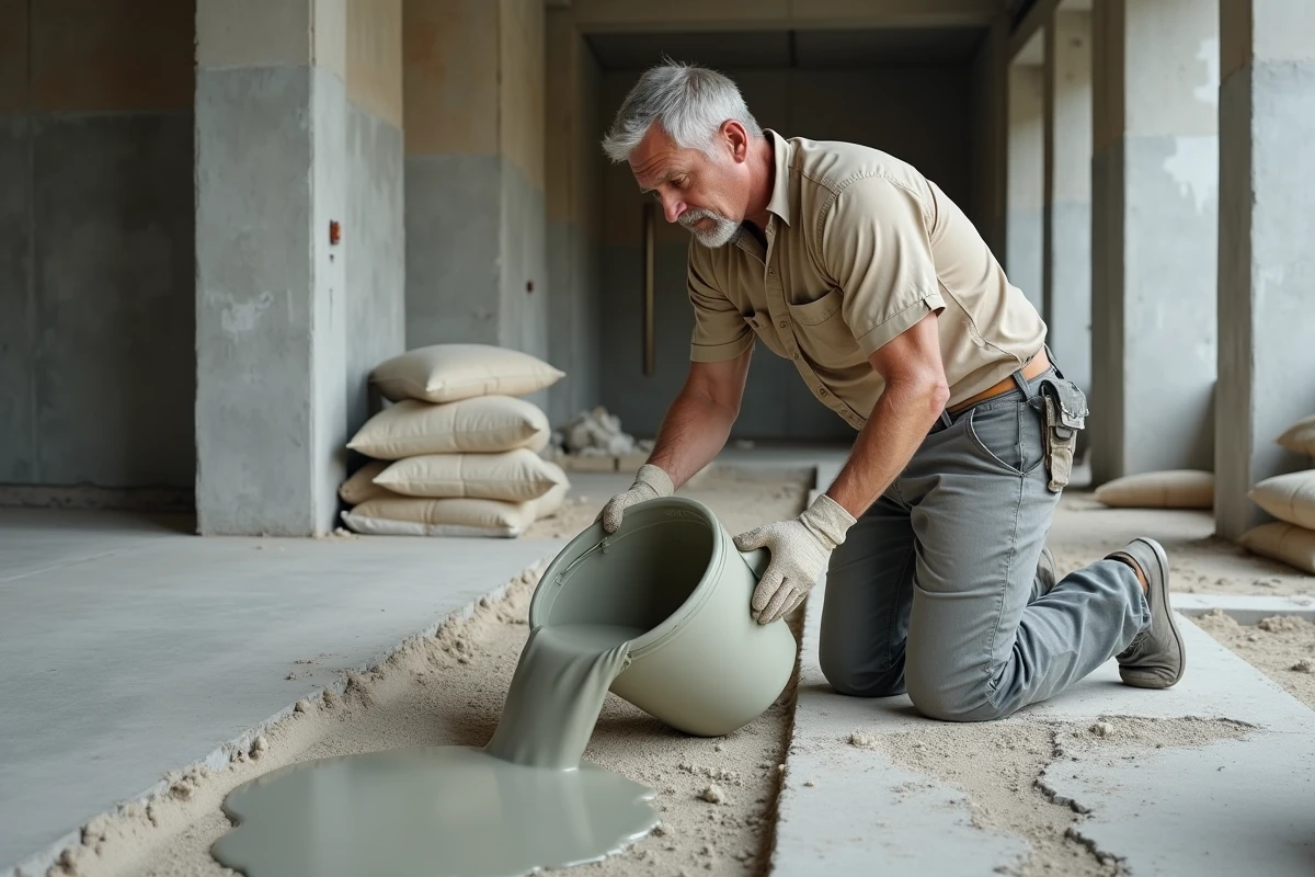 Ouvrier du bâtiment versant un mélange de chape mortier allégé sur un plancher béton brut en chantier intérieur