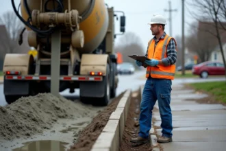 Ouvrier en vestiaire réfléchissant près d’un camion de béton