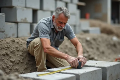 Ouvrier mesurant un parpaing béton sur un chantier de fondations avec des blocs empilés en arrière-plan