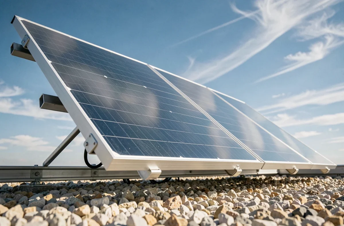 Panneau solaire double face installé sur un toit avec surface arrière réfléchissante et ciel bleu en arrière-plan