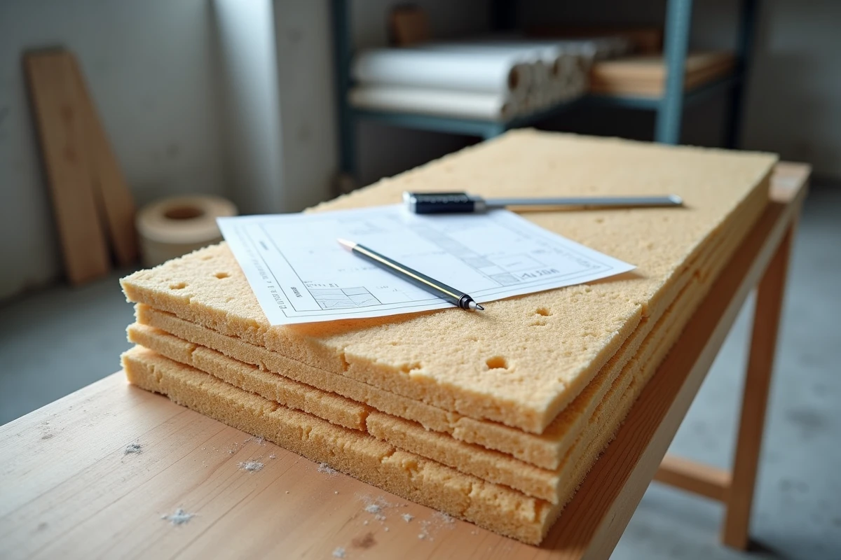 Panneaux isolants en fibre de bois Homatherm empilés sur un établi avec fiche de calcul thermique RT 2026 et pied à coulisse de mesure
