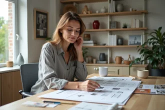 Femme consultant des planches de décoration intérieure sur un bureau en bois, représentant un particulier qui planifie sa rénovation après la fermeture de Kozikaza