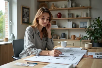 Femme consultant des planches de décoration intérieure sur un bureau en bois, représentant un particulier qui planifie sa rénovation après la fermeture de Kozikaza