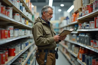 Peintre professionnel homme compare echantillons de couleur dans un magasin