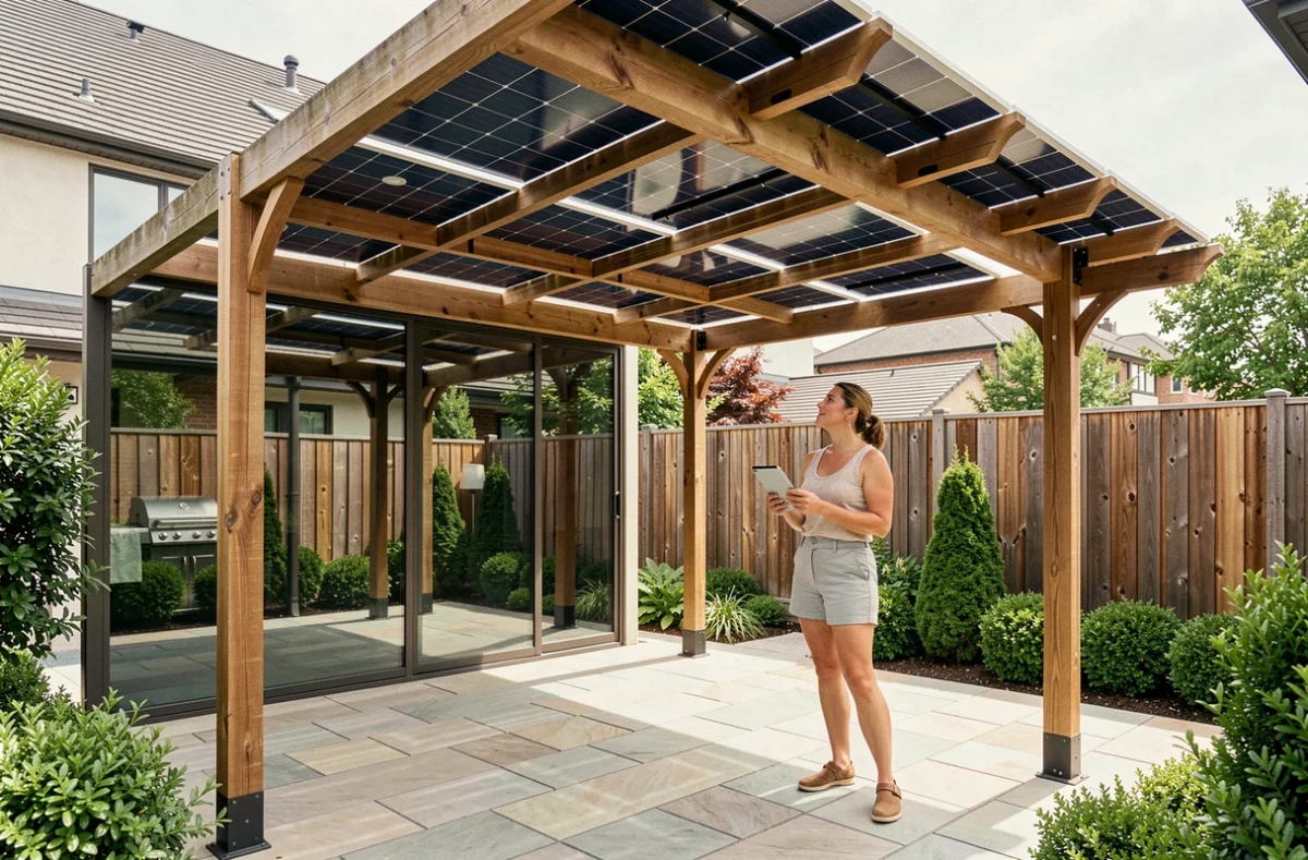 Femme évaluant une pergola équipée de panneaux solaires double face dans un jardin résidentiel