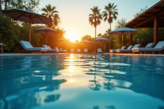Piscine au coucher de soleil avec lumière douce et détente