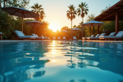 Piscine au coucher de soleil avec lumière douce et détente