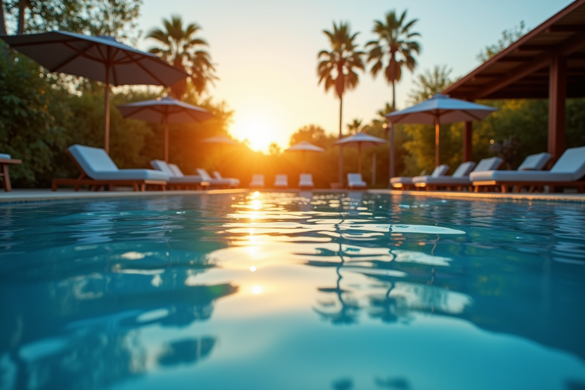 Piscine au coucher de soleil avec lumière douce et détente