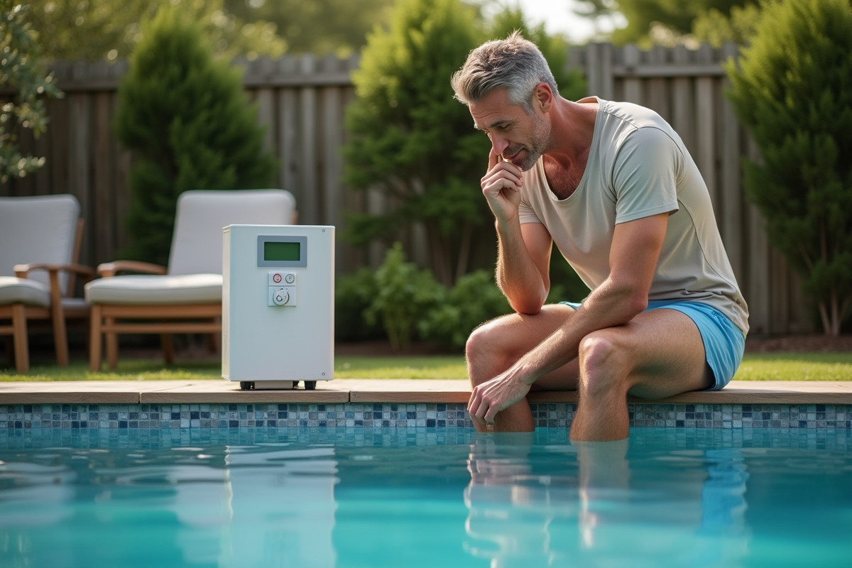 Homme ajustant le panneau de contrôle de la pompe à chaleur piscine