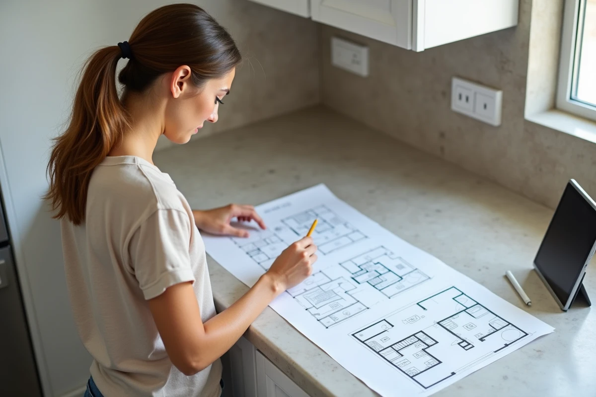 Femme annotant un plan électrique pour la répartition des prises de courant dans une cuisine
