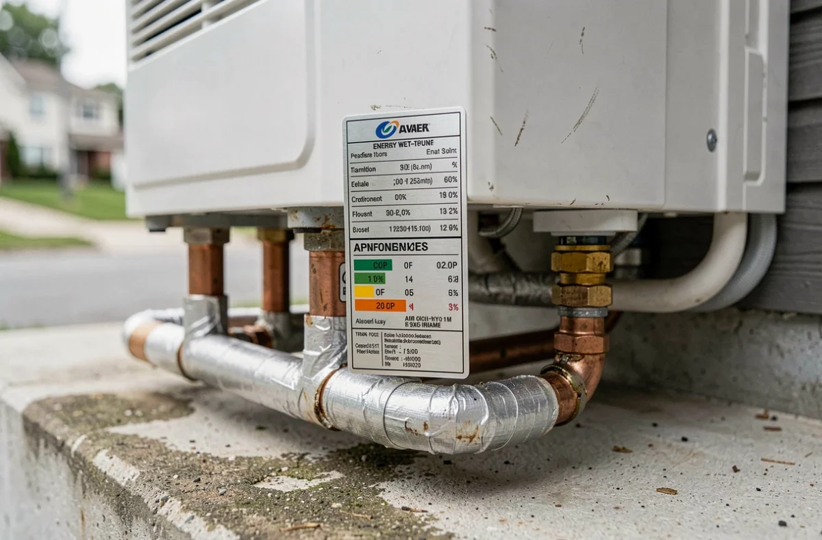 Plaque technique d'une pompe à chaleur avec étiquette de performance COP et tuyauterie en cuivre