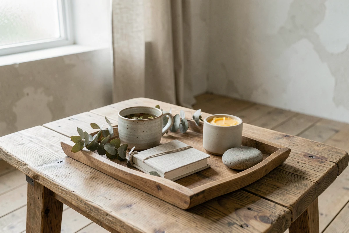 Plateau en bois hygge avec bougie en cire d'abeille, mug en grès, carnet en lin et eucalyptus séché sur table en chêne brut