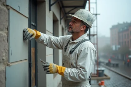 Plâtrier en pause devant un mur d'enduit extérieur inachevé par temps humide sur un chantier