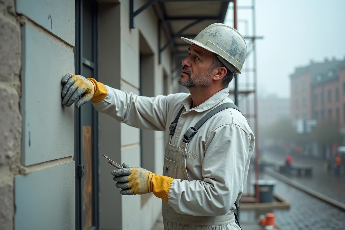 Plâtrier en pause devant un mur d'enduit extérieur inachevé par temps humide sur un chantier