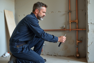 Plombier homme en overalls examine tuyaux en cuivre dans salle de bain