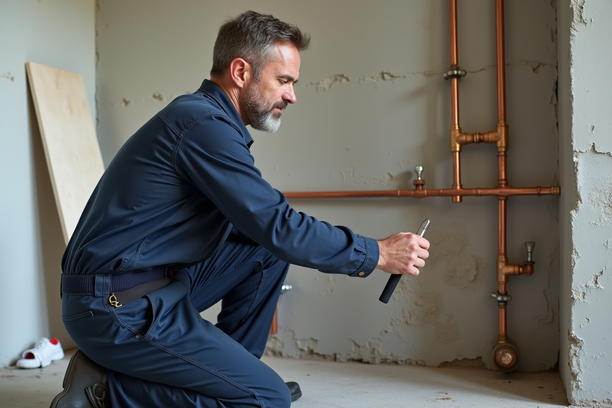 Plombier homme en overalls examine tuyaux en cuivre dans salle de bain