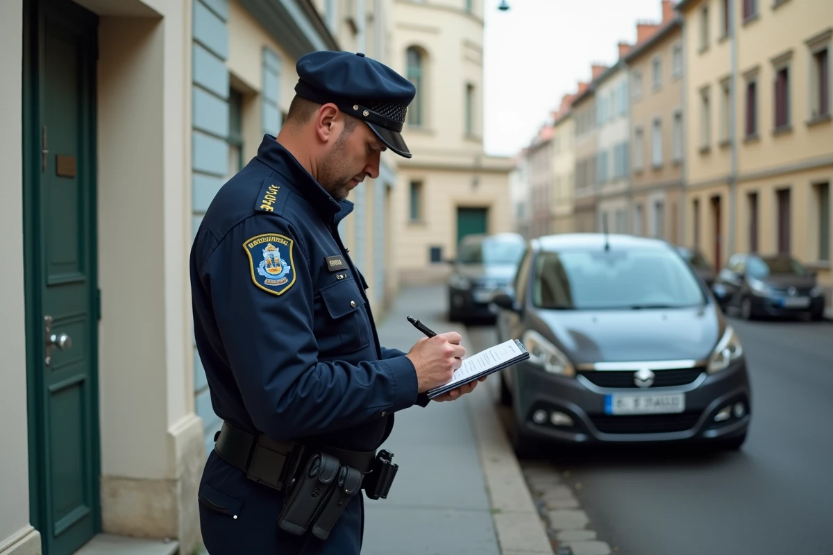 Agent de police municipale verbalisant un véhicule stationné sur le trottoir devant une maison