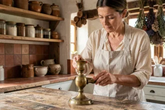 Femme polissant un bougeoir en laiton avec une solution écologique dans une cuisine rustique
