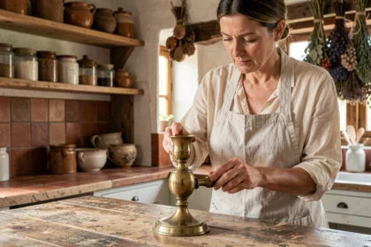 Femme polissant un bougeoir en laiton avec une solution écologique dans une cuisine rustique