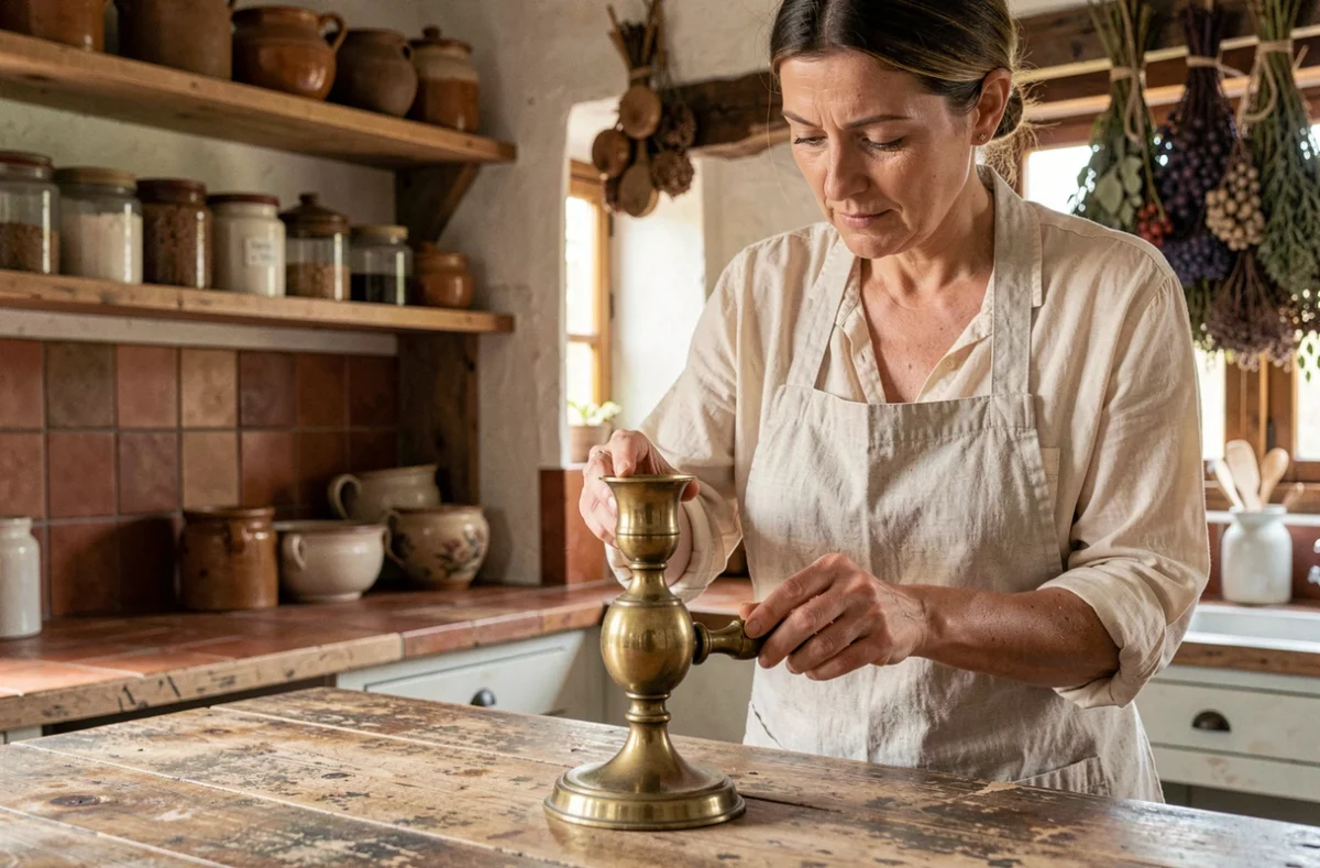 Femme polissant un bougeoir en laiton avec une solution écologique dans une cuisine rustique