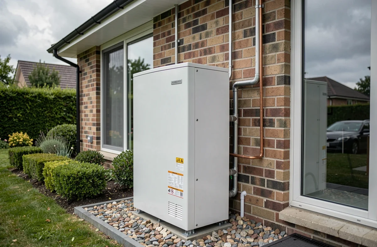 Pompe à chaleur air-eau installée sur la façade extérieure d'une maison résidentielle avec tuyauterie isolée