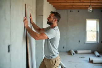 Ouvrier posant un panneau de placo isolant sur un mur de chantier en rénovation intérieure