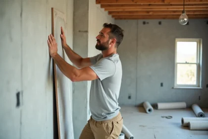 Ouvrier posant un panneau de placo isolant sur un mur de chantier en rénovation intérieure